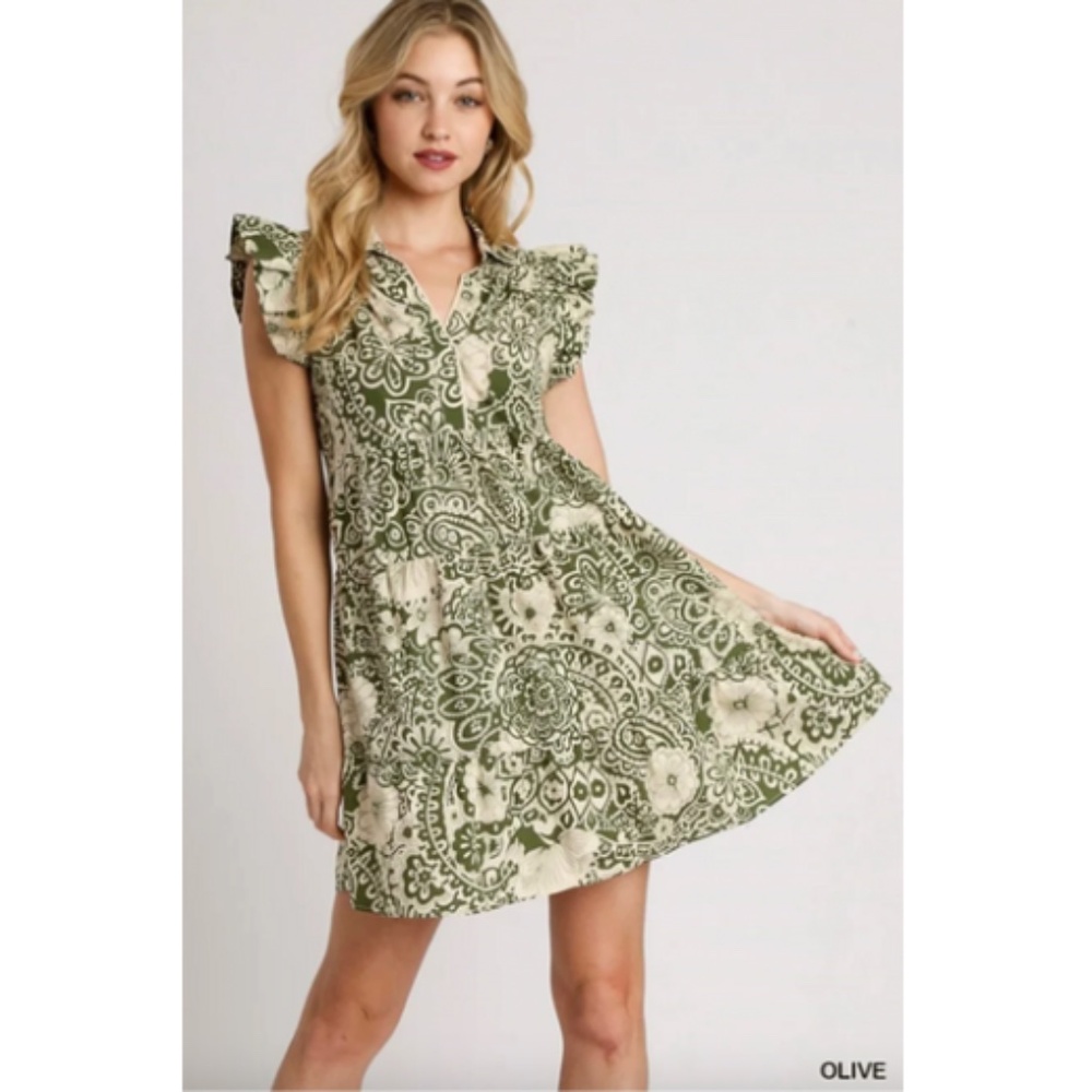 Umgee Floral Abstract Print V-Neck Babydoll Dress - Olive